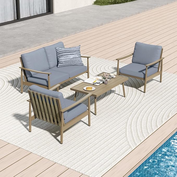 4 Pieces Patio Furniture Set, Aluminum Outdoor Patio Furniture Sets, 2 Armchairs and Loveseat with Thick Cushion, Patio Conversation Set for Backyard Deck Poolside, Blue & Brown