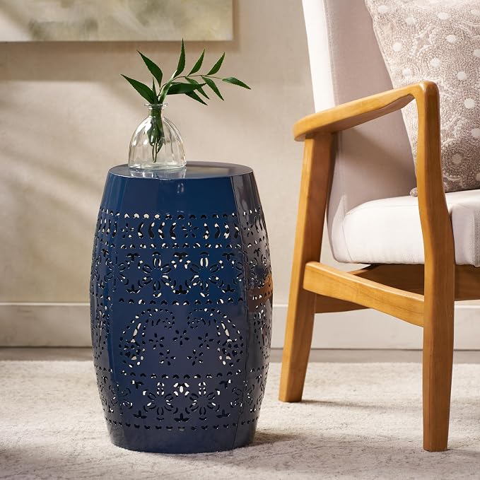 12" Outdoor Side Table, Metal Cutout Drum Side Table, Patio Garden Stool | Coffee End Tables for Small Spaces, Living Room, Backyard, Poolside