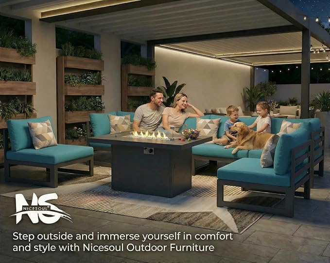 NICESOUL 12 Seat Extra Large Aluminum Patio Furniture Set with Fire Pit Table & End Table, 29" Wide Deep Seating, All-Weather L Shaped Outdoor Sofa, Contemporary Conversation Set for Garden, Turquoise
