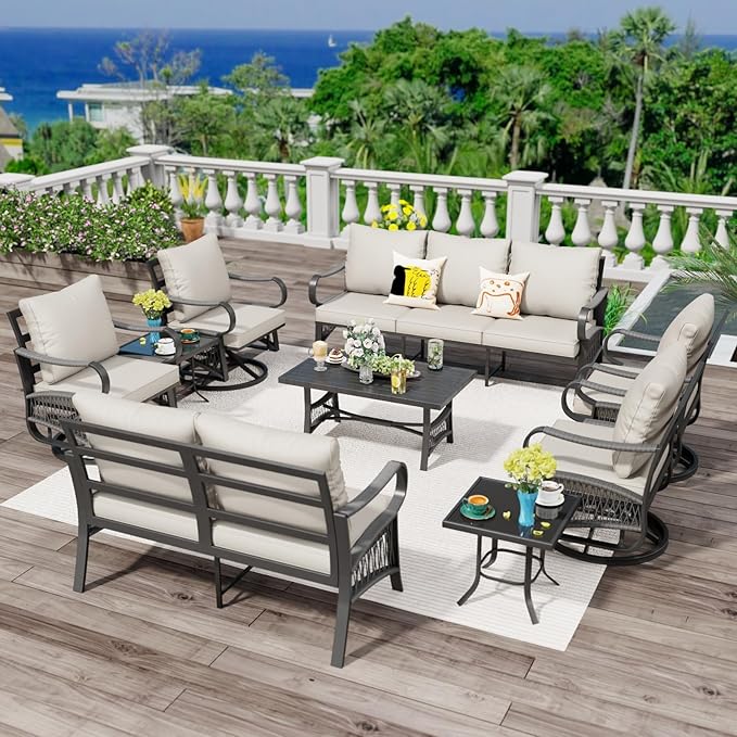 9 Piece Patio Furniture Set, 4 Single Swivel Chairs, Rope Braided Exposed with Thick Cushions, Outdoor All Weather Patio Conversation Sectional Sofa Set for Garden, Porch, Lawn, Beige