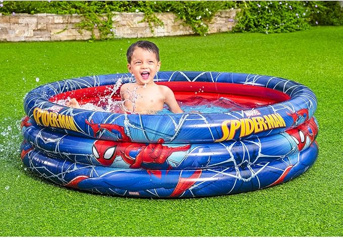 Spiderman Inflatable Pool - Bundle with Marvel Inflatable Kiddie Pool for Boys, Girls, Kids Plus Stickers, More | Spiderman Kiddie Pool Set (48" L x 48" W x 10" H)