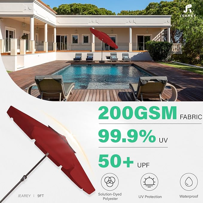 JEAREY 9' 2-Tiers Patio Umbrellas Outdoor Market Umbrella w/Push Button Tilt/Crank, 8 Sturdy Ribs, UV Protection Waterproof (Red)