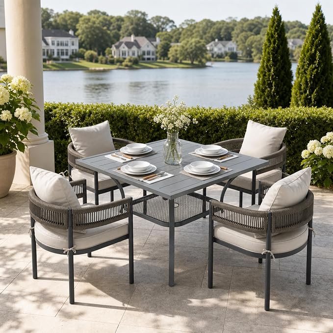 VICLLAX Patio Dining Set, 37.8" Dark Grey Table & 4 Chairs with Wheat Cushion