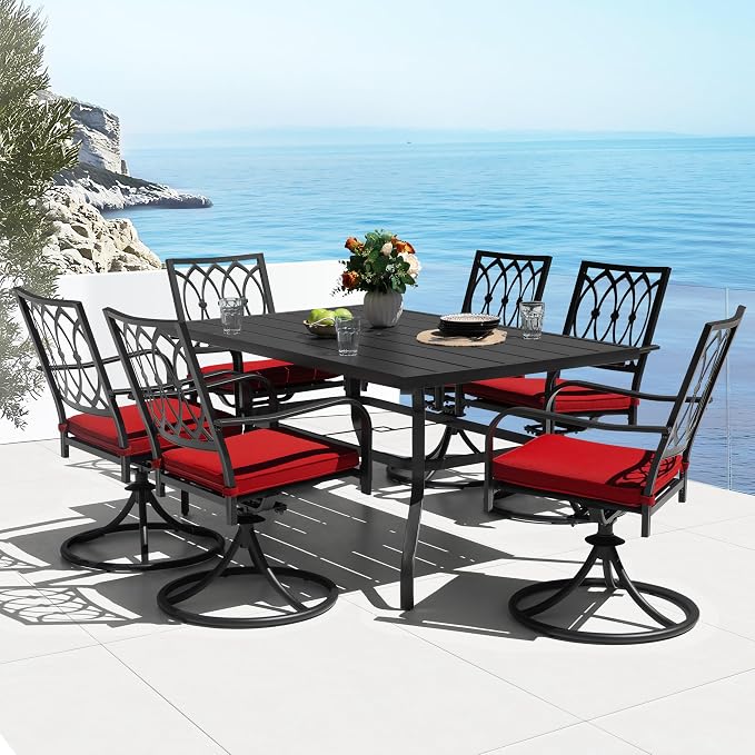NUU GARDEN Outdoor 7 Piece Patio Dining Set, 6 Swivel Chairs with Red Cushions and 61'' x 37'' Rectangle Table with Umbrella Hole, Outdoor Dining Furniture Set for Garden, Lawn, Balcony, Black