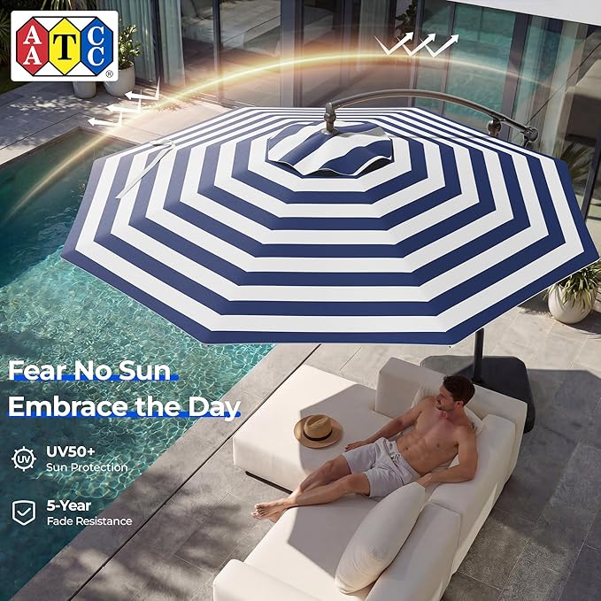 HOMSHADE 10ft Offset Patio Umbrella wIth Base, Cantilever Offset Hanging Patio Outdoor Market Umbrella UPF50+ UV Protection with Easy Tilt and Crank for Pool Deck and Garden(Navy Blue Stripes)