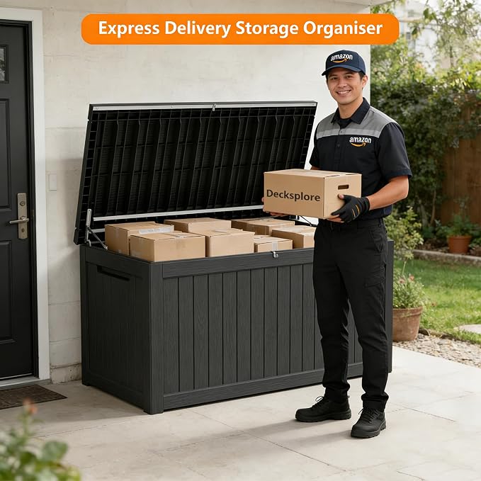270 Gallon Outdoor Storage Box Resin Deck Box All Weather Waterproof Large Lockable Storage Container Deck Box for Patio Furniture, Garden Tools, Lockable, Black