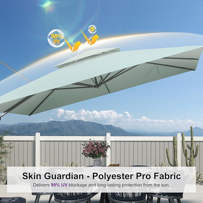 PURPLE LEAF 12 FT Cantilever Umbrella Outdoor Patio Umbrella, Large Offset Square Umbrella, Windproof Heavy Duty Hanging Outside Umbrellas for Patio, Mint Green