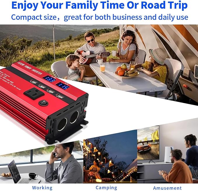 400W Power Inverters for Vehicles, Car Power Inverters DC 12V to 110V AC Car Plug Adapter Outlet with 2 Type-C (Equip with 2 USB), Fast Charger for Phone, Laptop (Red, 400W)
