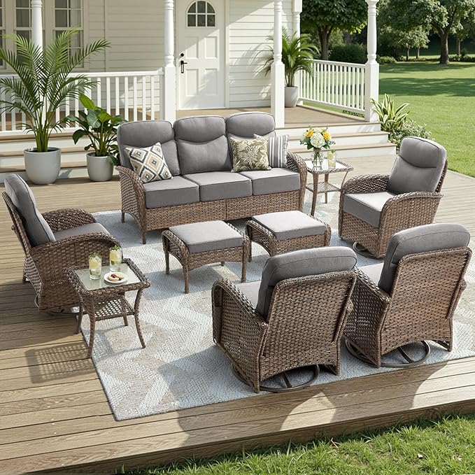Luxury Outdoor Patio Furniture Set with 6-Inch Thick Cushions, 9 Pieces Wicker Outdoor Furniture with High Back Swivel Patio Chairs Set of 4, Outdoor Patio Conversation Set for Deck Garden, Gray