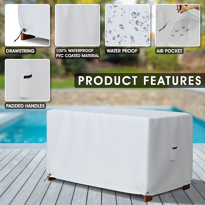 Covers & All Patio Deck Box Cover - Heavy Duty 12 Oz Waterproof Outdoor Yard Cushion Storage Box Protection 100% Weather Resistant with Air Pockets and Drawstring. (44”W X 28”D x 24”H, White)