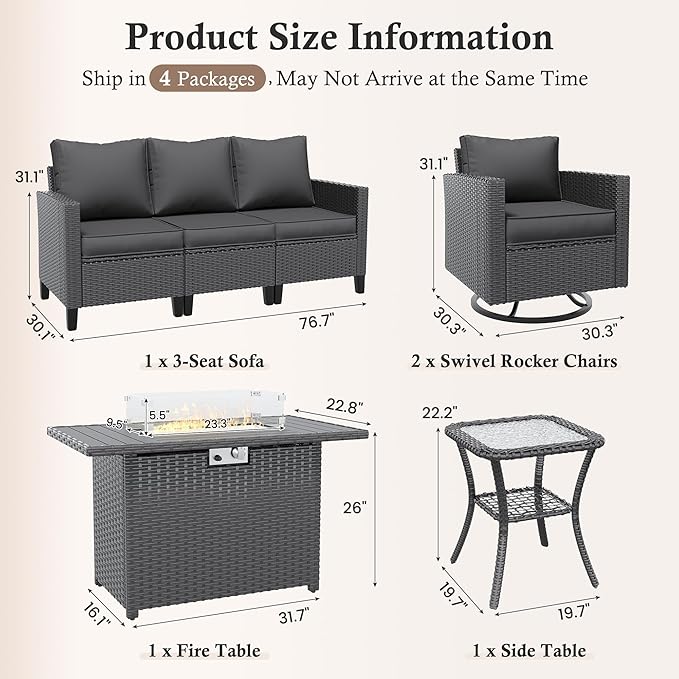 Amopatio Patio Furniture Set, 5-Piece Wicker Outdoor Sectional Sofa with Swivel Rocker Chairs, Rattan Conversation Set with Fire Pit Table and Waterproof Cover for Backyard Black/Dark Grey