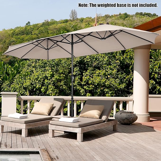 Tangkula 15Ft Double-Sided Patio Umbrella, Outdoor Extra Large Umbrella W/Hand-Crank System & Air Vents, Market Twin Umbrella W/ 12-Rib Sturdy Metal Frame for Poolside, Garden Backyard (Beige)