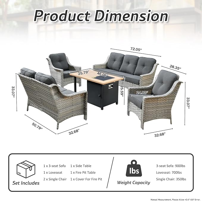 HOOOWOOO 5 Piece Patio Set with Fire Pit Table, All Weather Resistant High Back Rattan Outdoor Furniture (Black)