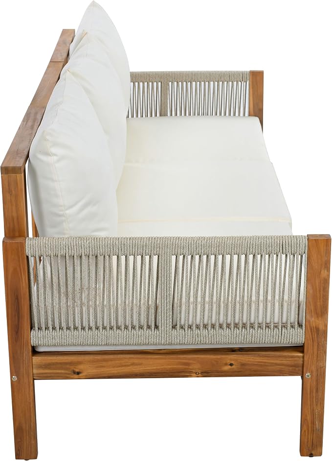 JIVOIT Outdoor Patio Daybed with Rope-Woven Armrests, Convertible Outdoor Sleeper Sofa with Acacia Wood Frame, 3 Seat Patio Sunbed for Backyard, Pool (Beige/85)