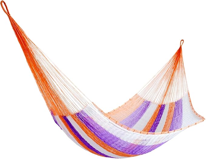 NOVICA Purple Orange White Striped Hand Woven Nylon Mayan 1 Person Rope Hammock with Hanging Accessories, 'Melon Stripe' (Single)