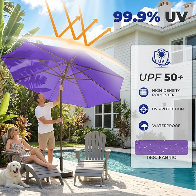 BRIOPAWS 9FT Patio Umbrella with Base Included | Outdoor Table Umbrellas | Push Button Tilt & Crank | 8 Sturdy Fiberglass Ribs | Waterproof | Heavy Duty for Garden Lawn DeckBackyard & Pool