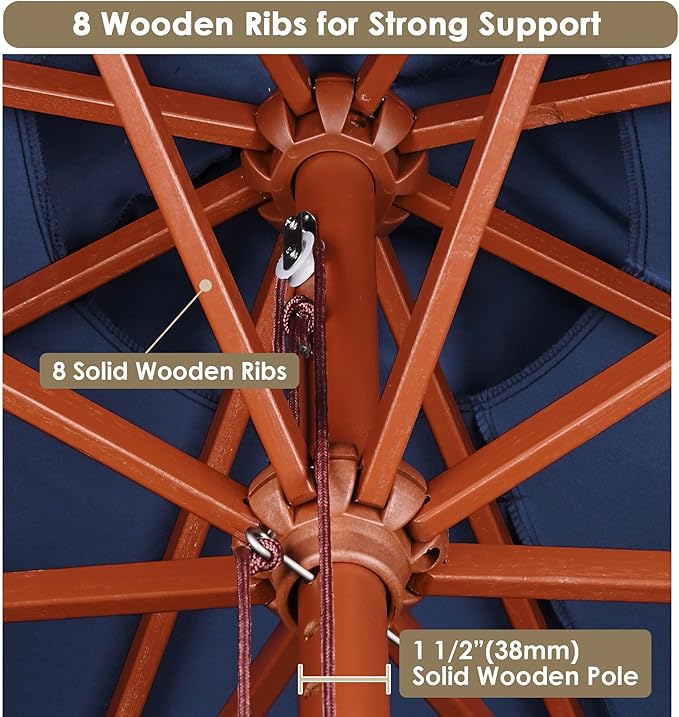 Yescom 9ft Coastal Solid Wood Umbrella Pulley Lift Commercial Base with Wheel Included for Seaside Restaurant Terrace Poolside Beach Club