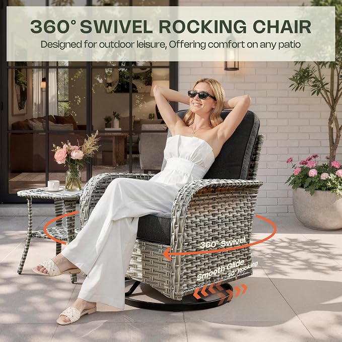 10 Pieces Patio Furniture Set, Outdoor Conversation Set with 360° Swivel Rocker Chairs, Wicker Modular Sectional Sofa & Solar Coffee Table, High Back Outdoor Furniture L Shaped Couch for Porch, Black