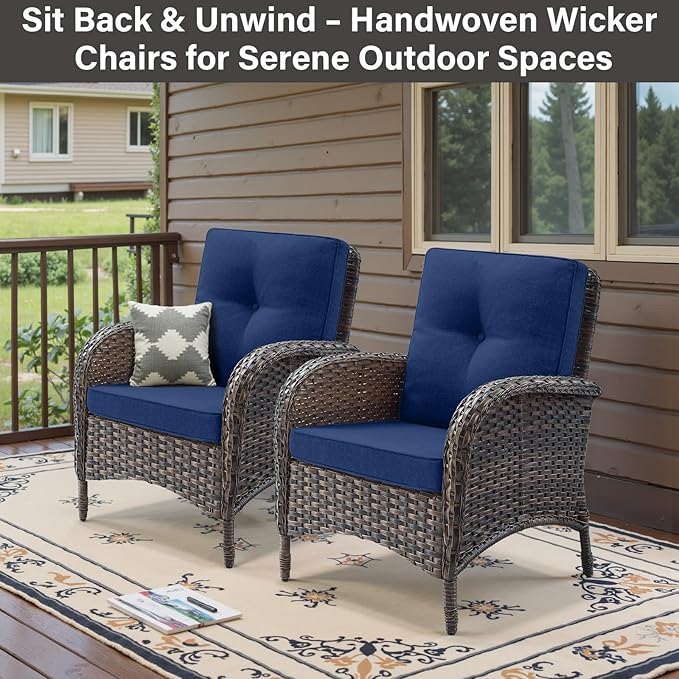 Belord Patio Club Chair Wicker Chairs - Outdoor High Back Chair Set of 2 Patio Furniture Set Rattan Seating with Removable Cushions for Porch Balcony Deck Pool Brown/Blue