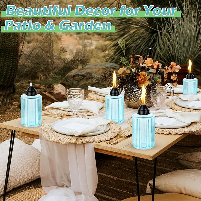 12oz Glass Table Torches 4 Pack, Citronella Refillable Tabletop Torch for Outside with Wick and Snuffer Cap, Outdoor Flame Lanterns for Garden Yard Patio Party Decor (Blue)