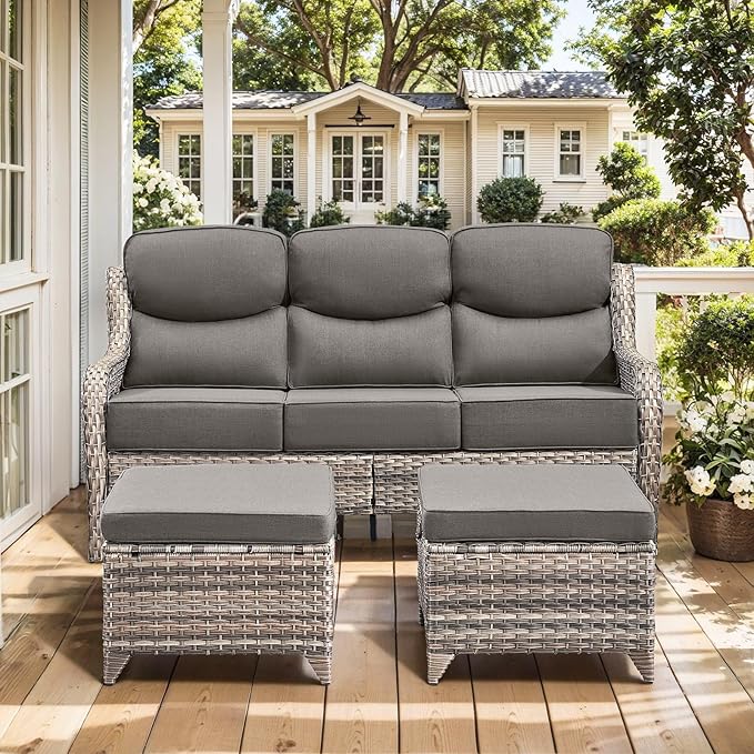 HUMMUH 9 Pieces Wicker Outdoor Furniture Set 6-inch Cushions High Back Patio Sofa Swivel Rocker Chairs Set of 2 with Coffee Table for Porch,Deck,Backyard