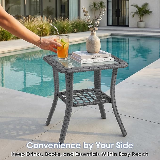 3 Piece Patio Furniture Set, Grey Wicker Outdoor Conversation Set with 2 Wicker Chairs and Side Table, 6-Inch Thick Cushions, High Back Seating, Blue Olefin Covers for Porch, Deck