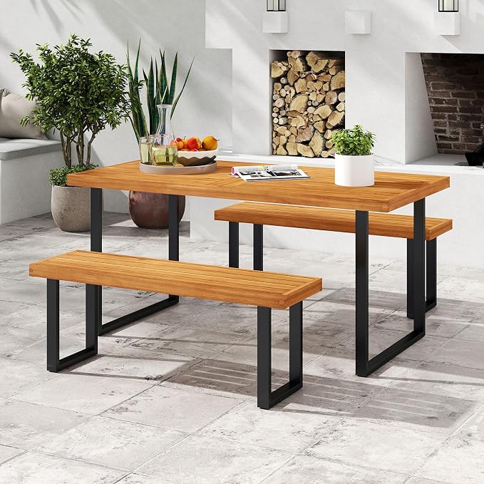 HAPPYGRILL Acacia Wood Patio Dining Table with Umbrella Hole (1.97”), Outdoor Wooden Table for 4-6 People, for Backyard Deck Porch