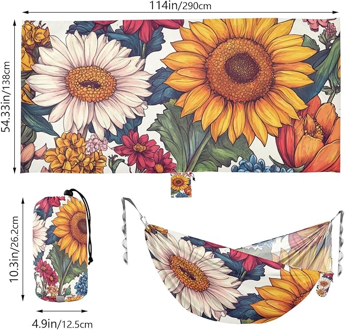 Florals Sunflower Zinnia Hyacinth Outdoor Hammock with Hanging Ropree Hammock for Outside Patio Garden