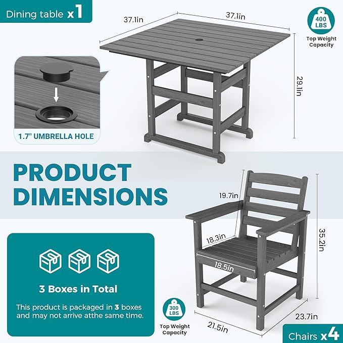 Outdoor HDPE Dining Table Set, 5-Piece All-Weather HDPE Outdoor Table and Chairs with Elegant Armrest, Wood Grain Patio Furniture Sets with Umbrella Hole for Porch, Backyard, Gray