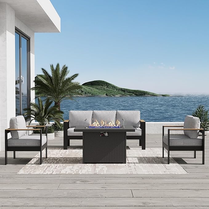 Aluminum Outdoor Patio Furniture Sets, 4 Piece Metal Patio Conversation Sets with Fire Pit with 5 Inch Cushion for Garden Backyard Deck