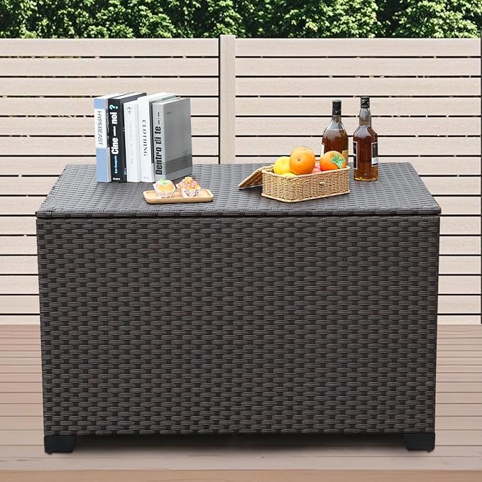 Lviden 140 Gallon Outdoor Storage Box Wicker Patio Storage Bin with Waterproof Lining Bag Deck Box and Cushion Storage Bin Outdoor, Brown