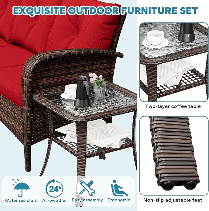 73" Patio 3-seat Sofa, Wicker Rattan Couch, Steel Frame Deep Seat Loveseat, Outdoor Conversation Furniture with Removable Cushions for Garden, Apartment, Front Porch (Red)