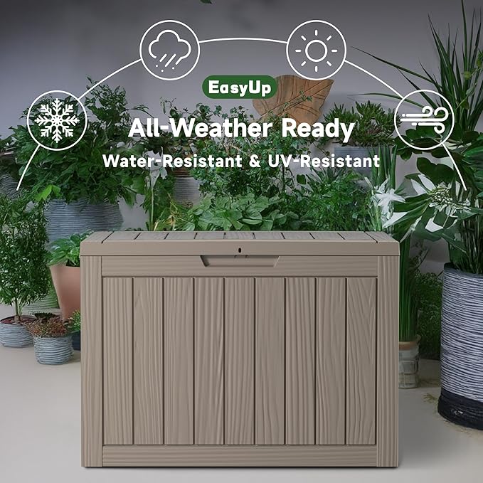 EasyUp 55 Gallon Deck Storage Boxes Outdoor Waterproof, Resin Lockable Small Deck Box, Outside Storage Bench for Patio Cushion Funiture, Pool Accessories, Garden Tools (Gray, 55 Gallon)