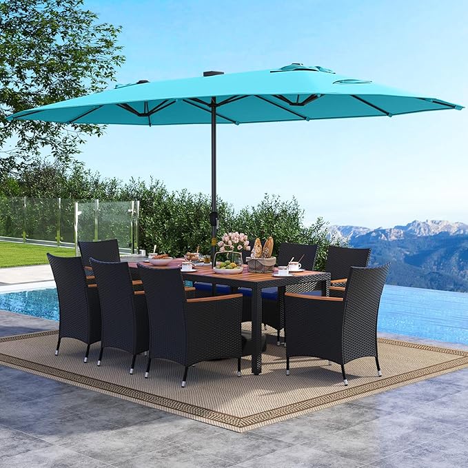 Tangkula 11 Pieces Patio Dining Set with Double-Sided Led Patio Umbrella (Base Included), with 8 Stackable Chairs, Acacia Wood Dining Table and Large Umbrella with Solar Lights (Turquoise + Navy)
