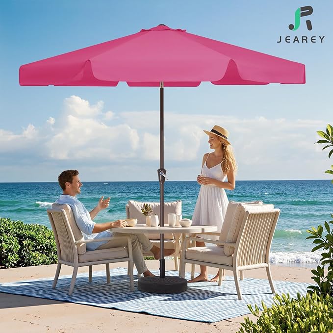 JEAREY 9 FT Patio Umbrella Outdoor, Table Umbrellas Market Umbrella w/Push Button Tilt/Crank, 8 Sturdy Ribs(Rose Pink)