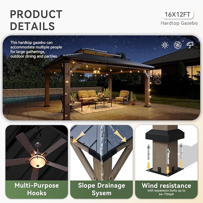 Aoxun 12' x 16' Outdoor Wood Gazebo, Hardtop Gazebo Permanent Wooden Pavilion with Galvanized Steel Double Roof, and LED Outdoor Waterproof Hanging Lights, for Patio, Garden, Deck, Cedar Wood