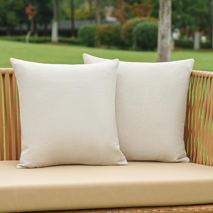 NiNi ALL Pack of 2 Decorative Outdoor Waterproof Pillow Covers Square Garden Linen Textured Cushion Sham Throw Pillowcase Set of 2 for Patio Farmhouse Garden Tent Couch 26x26 Inch Beige
