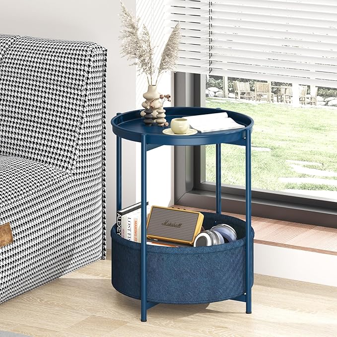 Garden 4 you Side Table with Fabric Storage Basket, Round Metal End Table, Small Bedside Table Nightstand with Removable Tray, for Nursery, Living Room, Bedroom, Bathroom, Blue