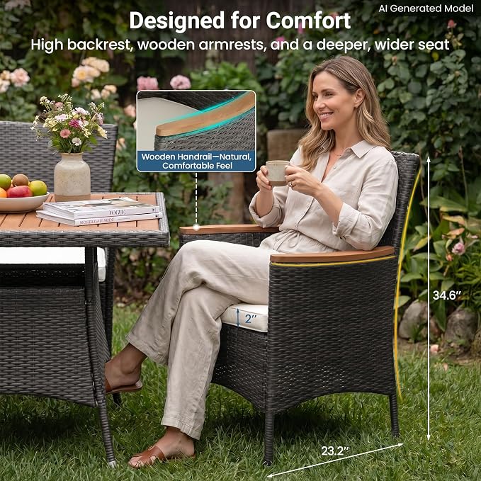 Wisteria Lane 10-Pieces Outdoor Patio Table and Chairs, Rattan Patio Table Set with Acacia Wood Tabletop, Patio Dining Furniture Set for 8 with Removable Cushions for Deck Garden Backyard, Grey