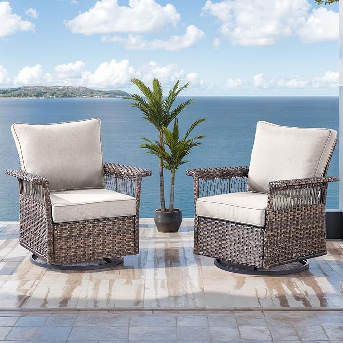 Outdoor Patio Rocking Swivel Chairs - 2PC Wicker Patio Furniture Rocker Chair Set,Rattan Glider Chair with Sturdy Frame,All-Weather PE Wicker and Cushions for Deck Porch Garden(Brown/Beige)