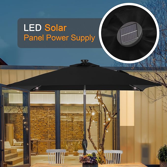 Square Patio Umbrella With Solar Lights, 6.5x6.5ft Square Umbrella Outdoor Patio with Tilt and Crank for Pool, Deck, Garden,Backyard