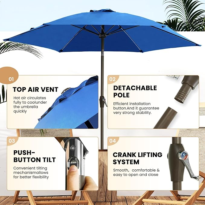 Ayge 7.5FT Large Outdoor Patio Umbrella Market Table Umbrella-UV Resistant, Easy Push Button Tilt and Crank, 6 Sturdy Fiberglass Ribs Heavy-Duty Pool Umbrella for Deck, Backyard,Garden, Yard,Blue