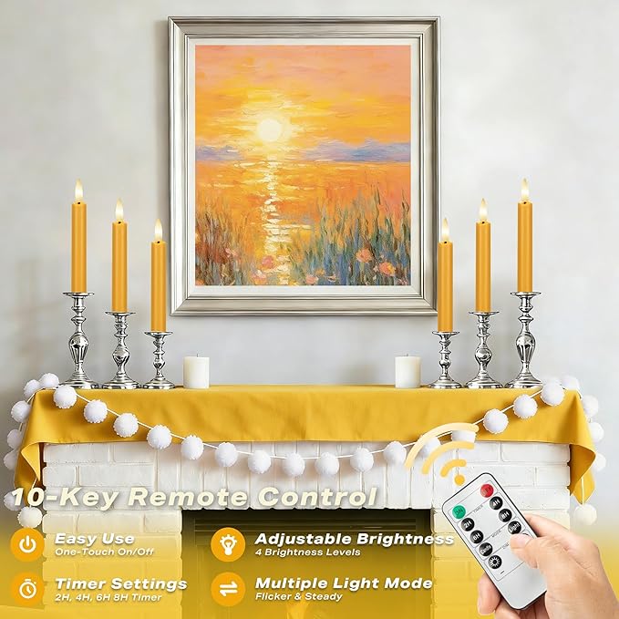 Yellow Flameless Taper Candles with Remote, 6.4" Battery Operated LED Candles, Flickering Flameless Candlesticks for Table Centerpieces, Wedding, Farmhouse, Dinner Decor, Set of 6