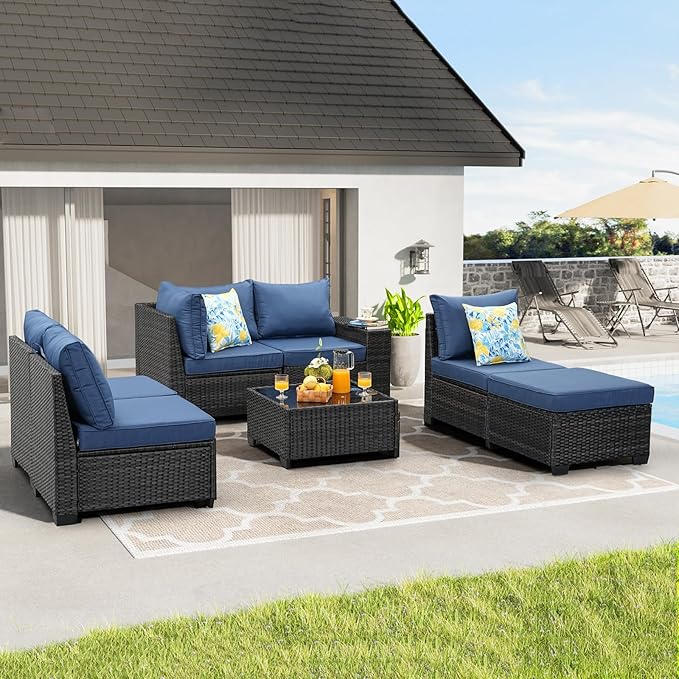 7 Pieces Patio Furniture Set,Wicker PE Rattan Outdoor Sectional with Cushion & Coffee Table, Patio Conversation Sofa for Garden, Backyard, Poolside,Navy