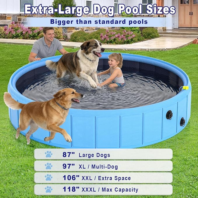 Foldable Dog Pool with Sprinkler, 97 in Extra Large Dog Swimming Pool, 2-in-1 Outdoor Collapsible Pet Bathing Tub for Pets Dogs Kids