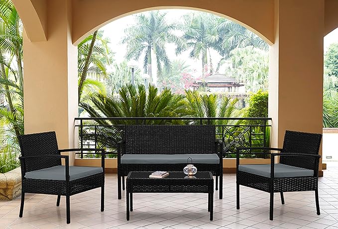 Manhattan Comfort Noli 4-Piece Patio Conversation Set, Outdoor Furniture Made of Steel Rattan | Includes 2 Modern Armchairs, Loveseat, Tempered Glass Coffee Table, Removable Waterproof Cushions, Grey