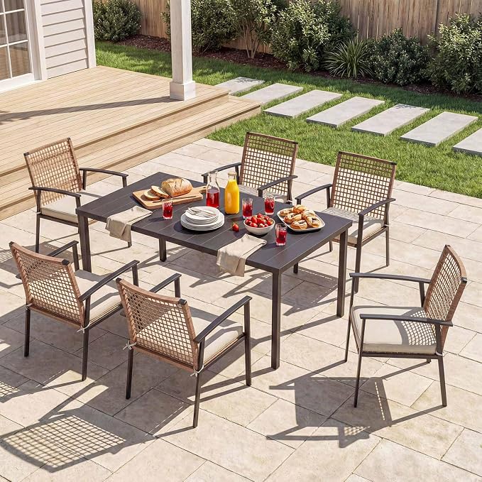 LAUSAINT HOME 7 Pieces Patio Dining Set, Outdoor Furniture Set of 6 Chairs with Soft Cushion and Iron Slats Table Top with Umbrella Hole, Conversation Set for Backyard, Garden and Poolside