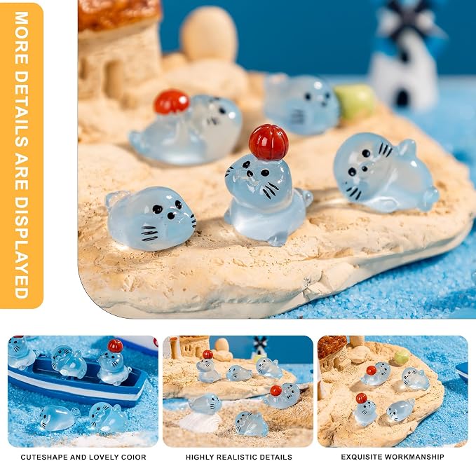 48 Pack Mini Glow in The Dark Resin Animals Seal Figures,4 Styles Luminous Little Sea Creatures Ocean Cute Miniature Figurines Bulk for Aquarium Decor