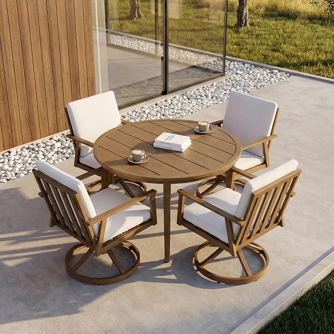 41" Round Outdoor Dining Table Set, 5-Piece Aluminum Round Outdoor Table with 4 Swivel Chairs, Faux Wood Grain Patio Table with Umbrella Hole for Garden, Backyard, Poolside, Teak