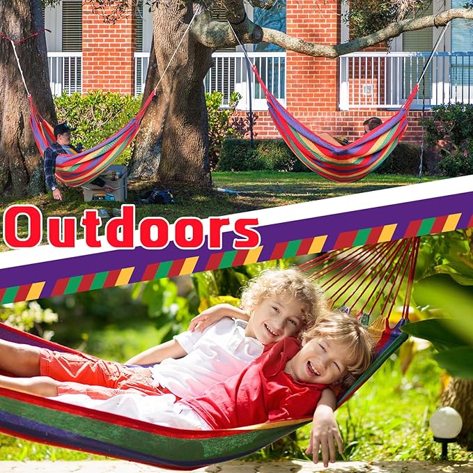 Windyun 2 Sets Cotton Canvas Hammock Large Double Hammock 400lbs Portable Camping Hammocks for Outside with Carrying Bag Sturdy Metal Knot Ropes and Tree Straps for Travel Patio Garden Backyard (Red)